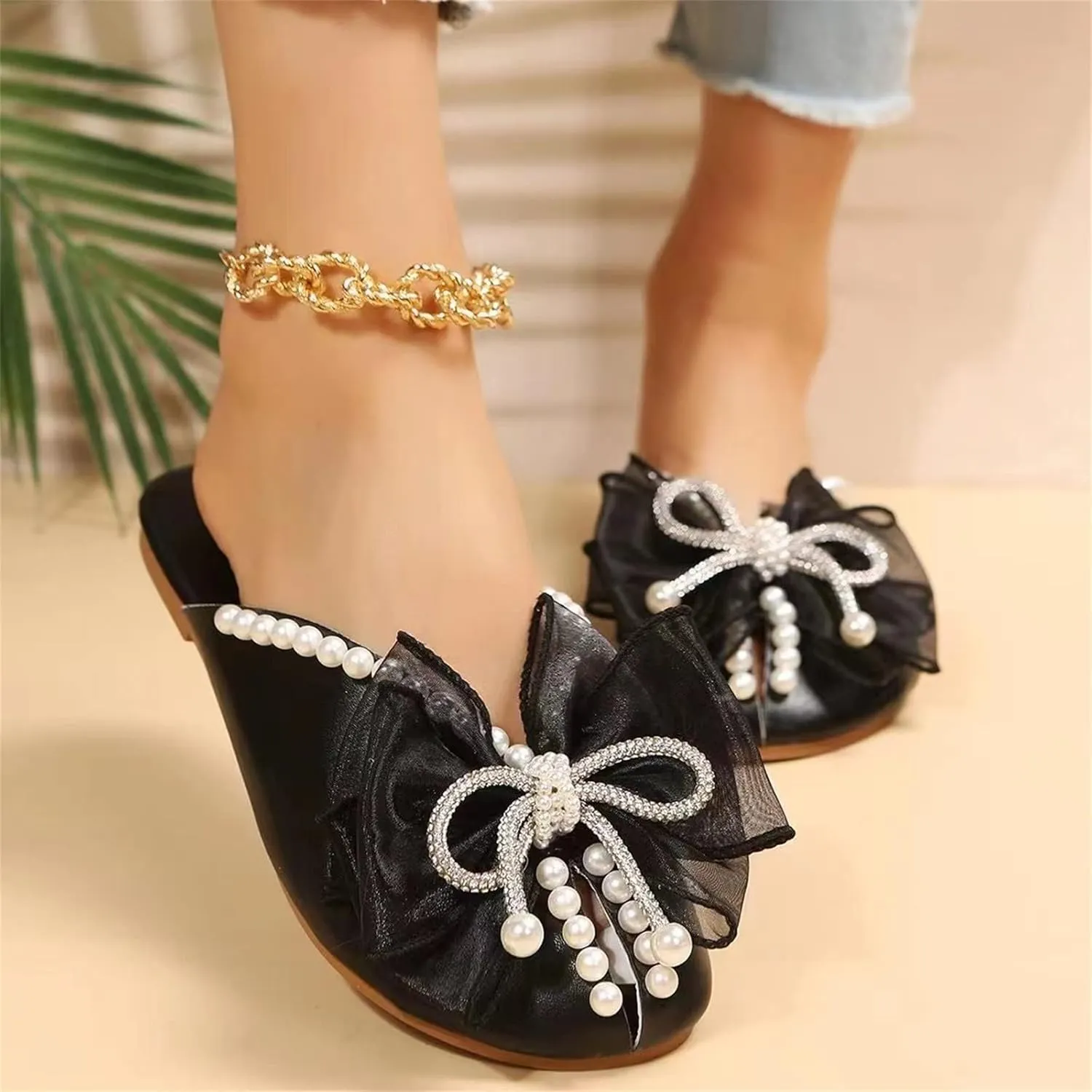 Ladies Summer Outer Solid Colour Rhinestone Pearl Bow Elegant Hollow Breathable Large Platform Sandals for Women Wedding