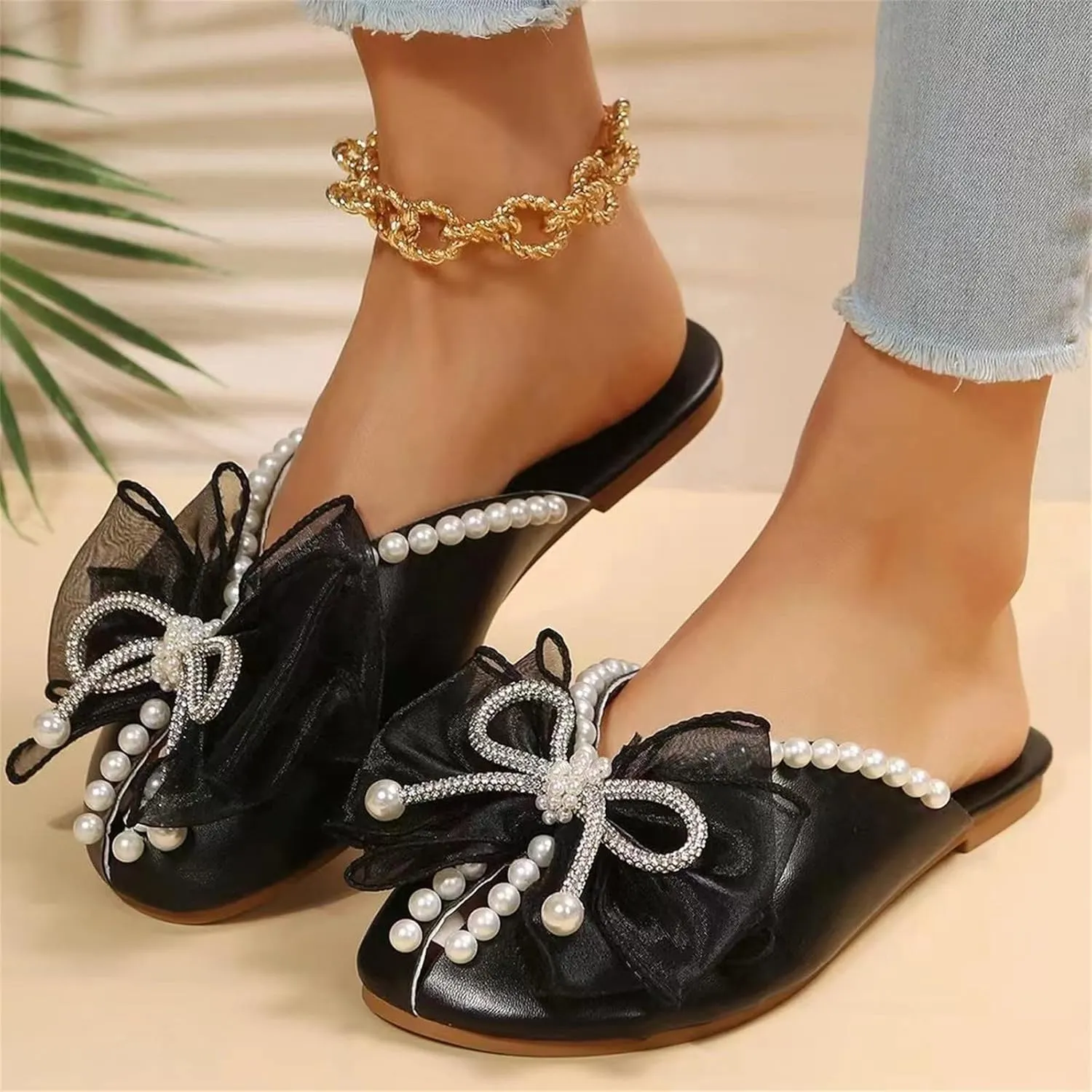 Ladies Summer Outer Solid Colour Rhinestone Pearl Bow Elegant Hollow Breathable Large Platform Sandals for Women Wedding