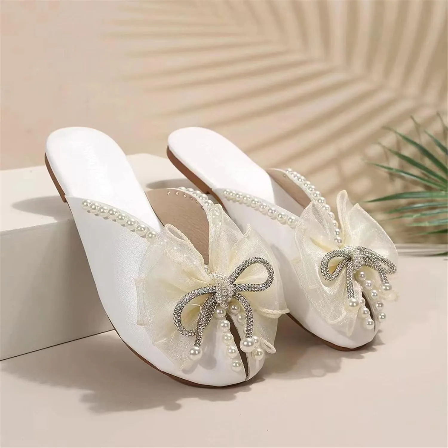 Ladies Summer Outer Solid Colour Rhinestone Pearl Bow Elegant Hollow Breathable Large Platform Sandals for Women Wedding