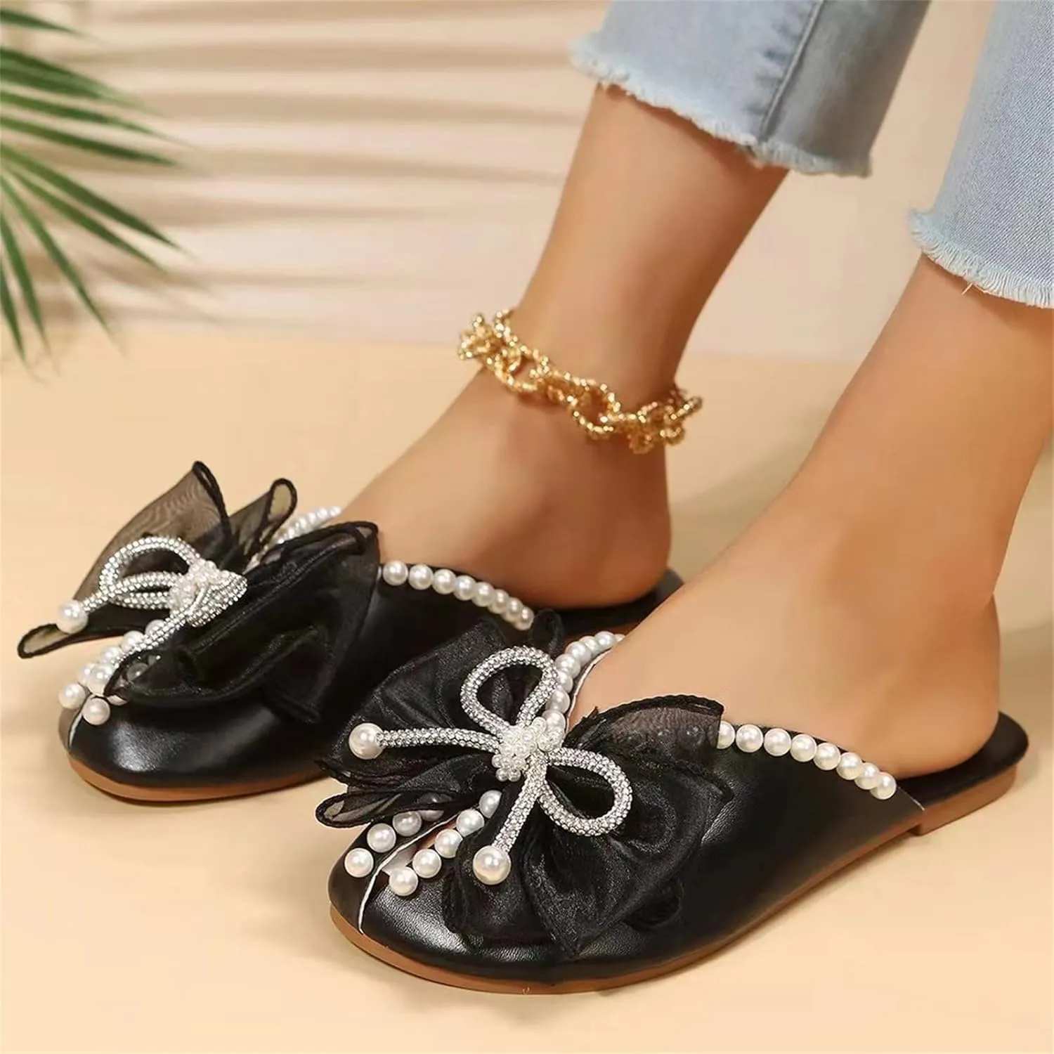 Ladies Summer Outer Solid Colour Rhinestone Pearl Bow Elegant Hollow Breathable Large Platform Sandals for Women Wedding