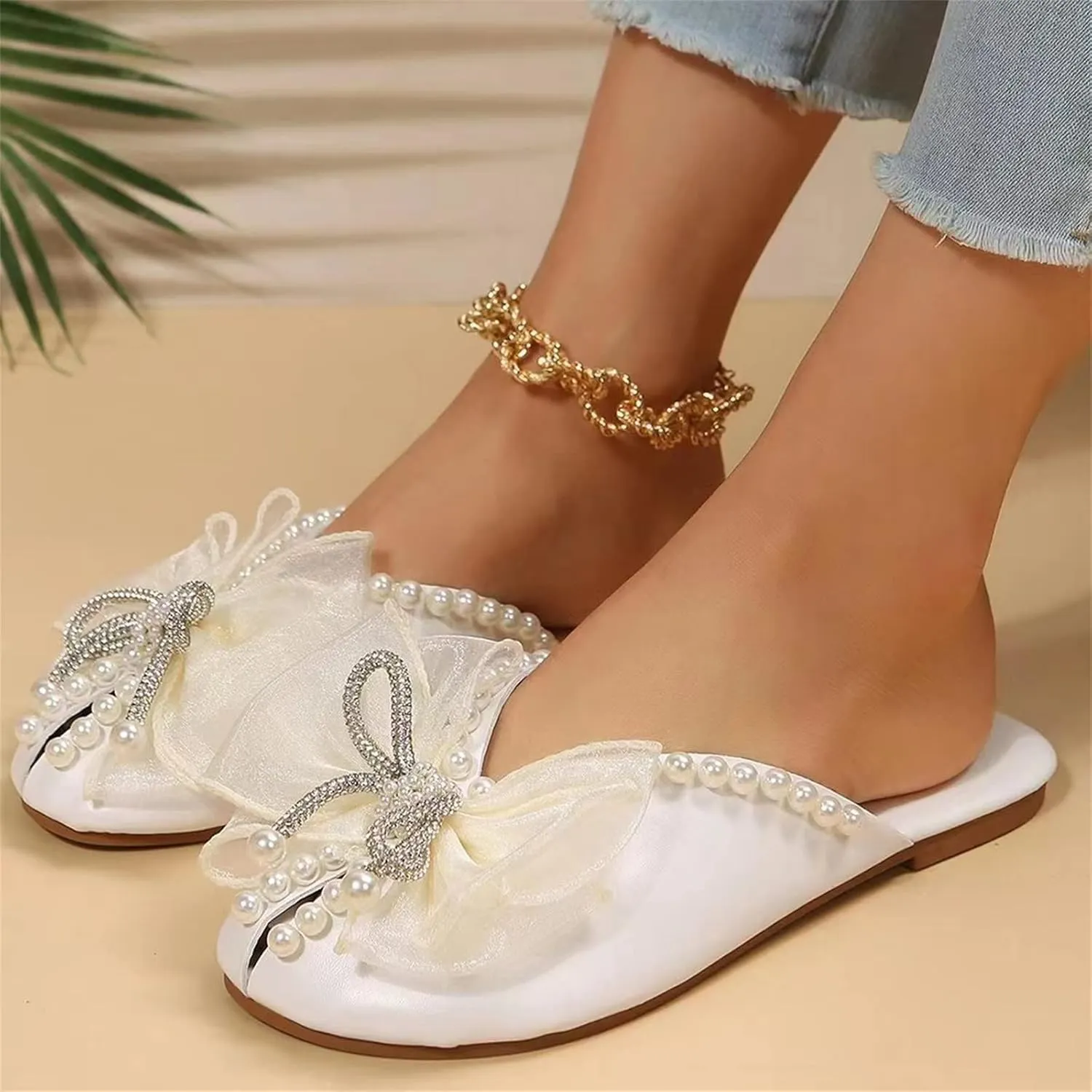 Ladies Summer Outer Solid Colour Rhinestone Pearl Bow Elegant Hollow Breathable Large Platform Sandals for Women Wedding