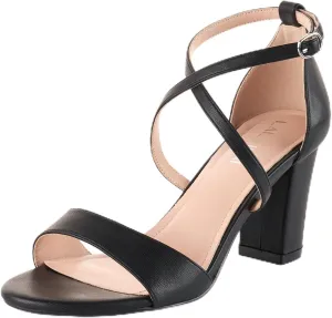 LALA IKAI Womens Ankle Strap Heels Chunky Block Rhinestone Sandals 3 Inch Open Toe Heels Party Wedding Prom Shoes