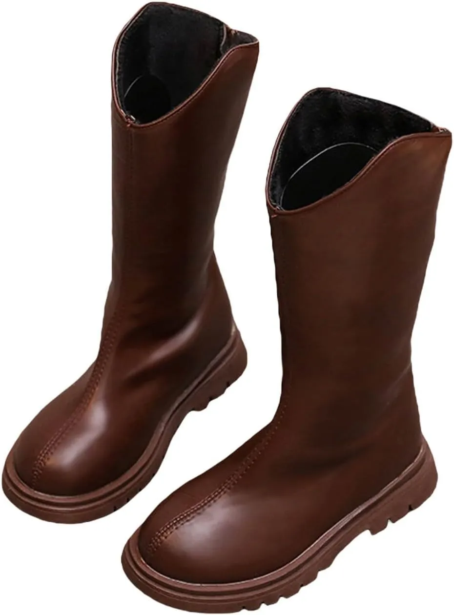 Leather aterproof Boots For Girls Kids Mid Length Zipper ow Heel Shoes Childrens Soft Non Slip Dress Dance Shoes