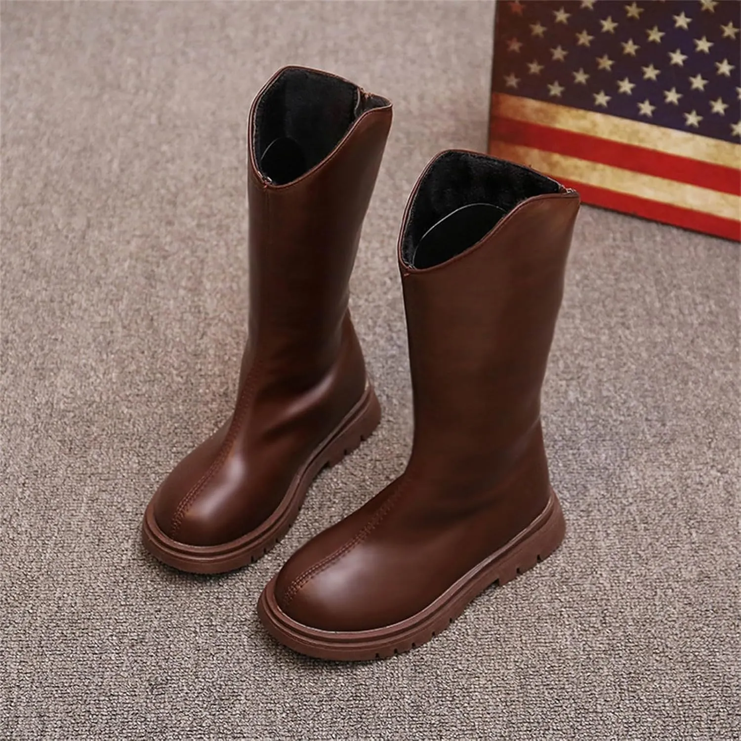 Leather aterproof Boots For Girls Kids Mid Length Zipper ow Heel Shoes Childrens Soft Non Slip Dress Dance Shoes