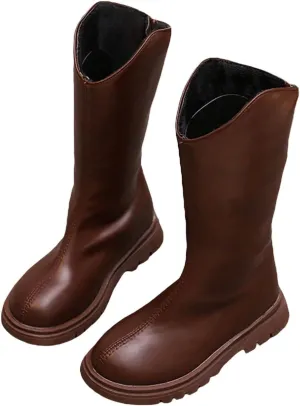 Leather aterproof Boots For Girls Kids Mid Length Zipper ow Heel Shoes Childrens Soft Non Slip Dress Dance Shoes