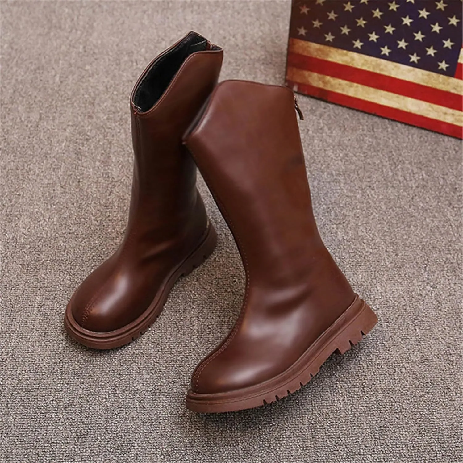 Leather aterproof Boots For Girls Kids Mid Length Zipper ow Heel Shoes Childrens Soft Non Slip Dress Dance Shoes