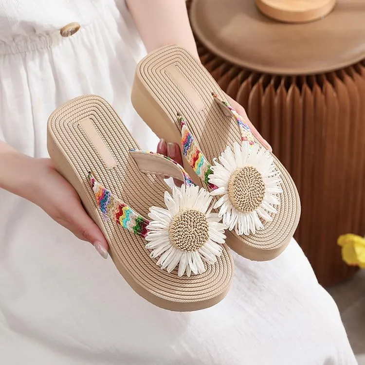 Loizziuy Women's Sandals Stylish Straw-woven Slippers with Flowers Floral Beach Shoes Anti-slip Fashionable for Summer