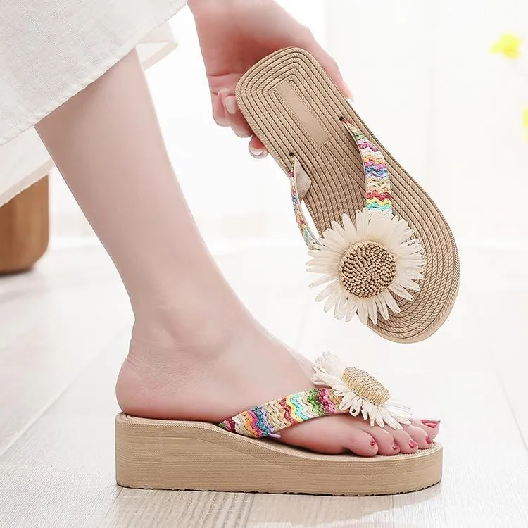 Loizziuy Women's Sandals Stylish Straw-woven Slippers with Flowers Floral Beach Shoes Anti-slip Fashionable for Summer