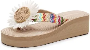 Loizziuy Women's Sandals Stylish Straw-woven Slippers with Flowers Floral Beach Shoes Anti-slip Fashionable for Summer