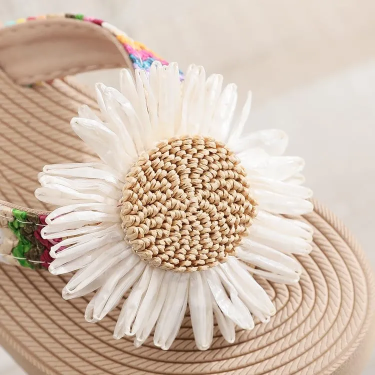 Loizziuy Women's Sandals Stylish Straw-woven Slippers with Flowers Floral Beach Shoes Anti-slip Fashionable for Summer