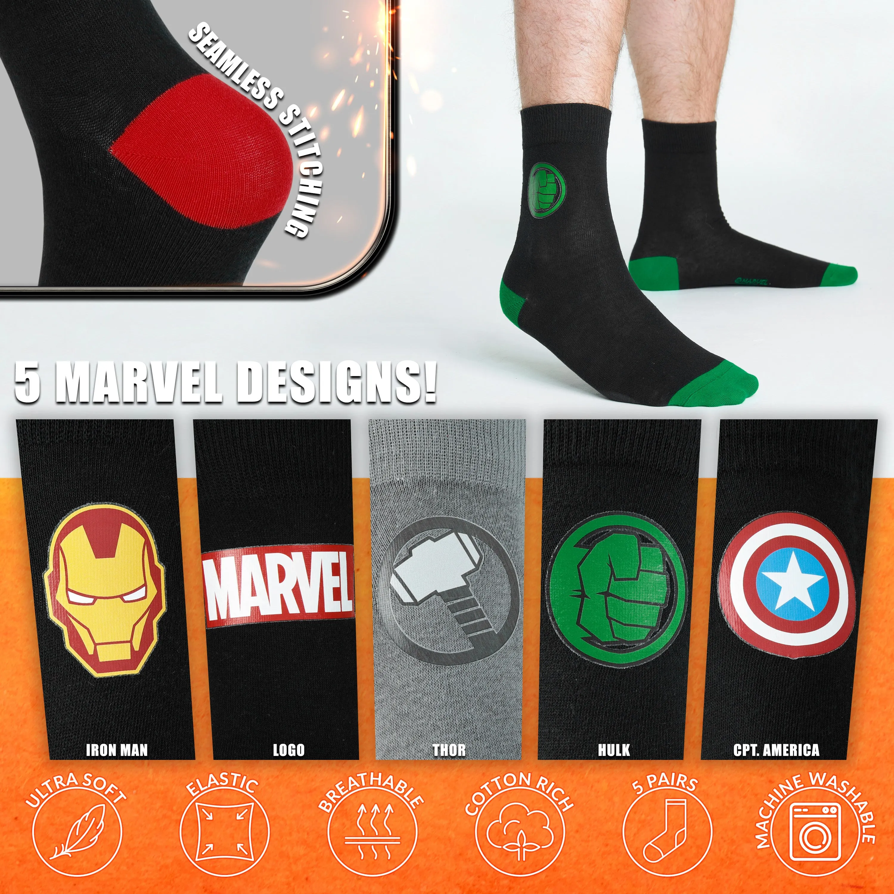 Marvel Mens Socks Soft Breathable Avengers 5 Pack- Calf Length Crew Socks for Men