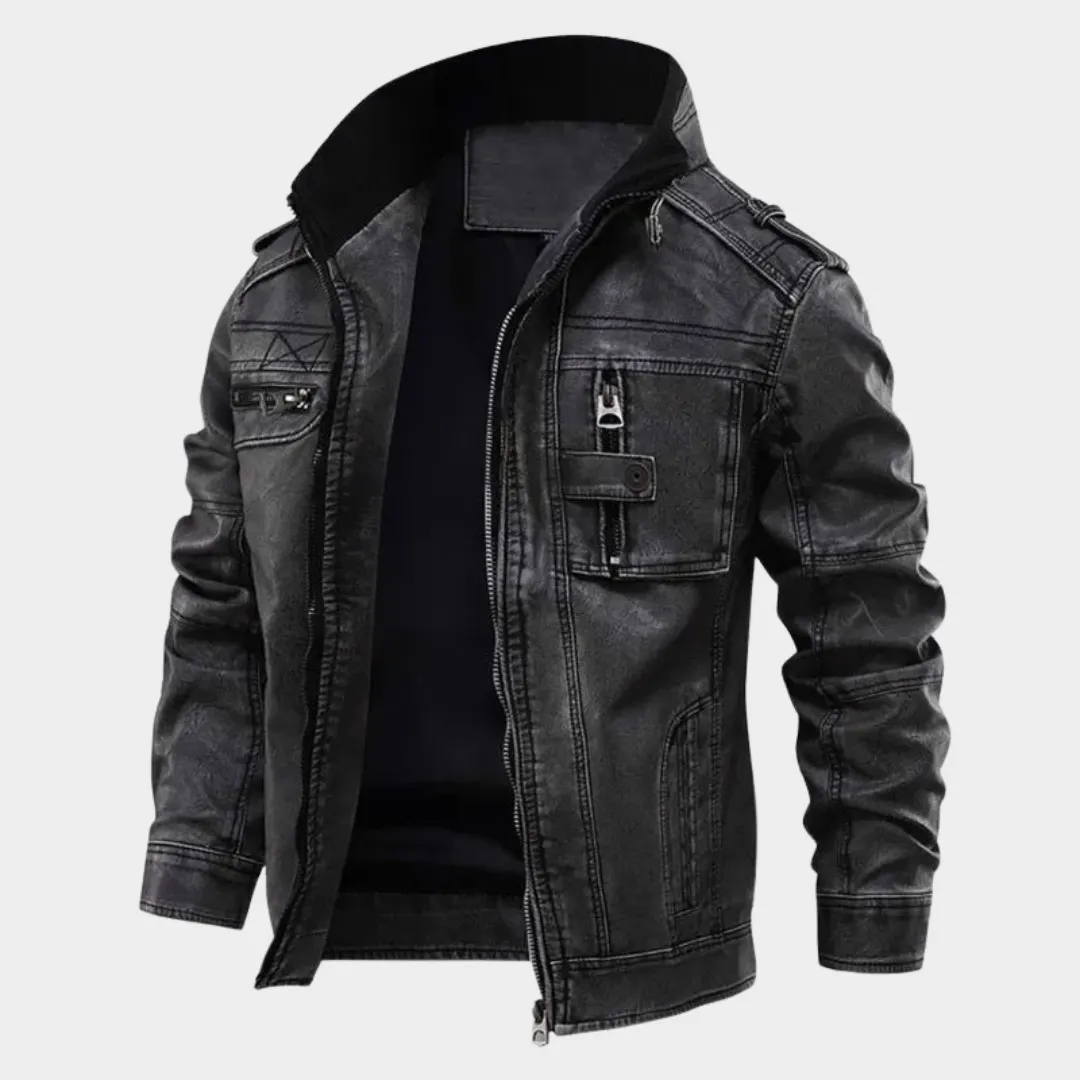 Men's Leather Biker Jacket  Vintage PU Motorcycle Coat  Stand Collar  Thick Durable Outerwear  Black