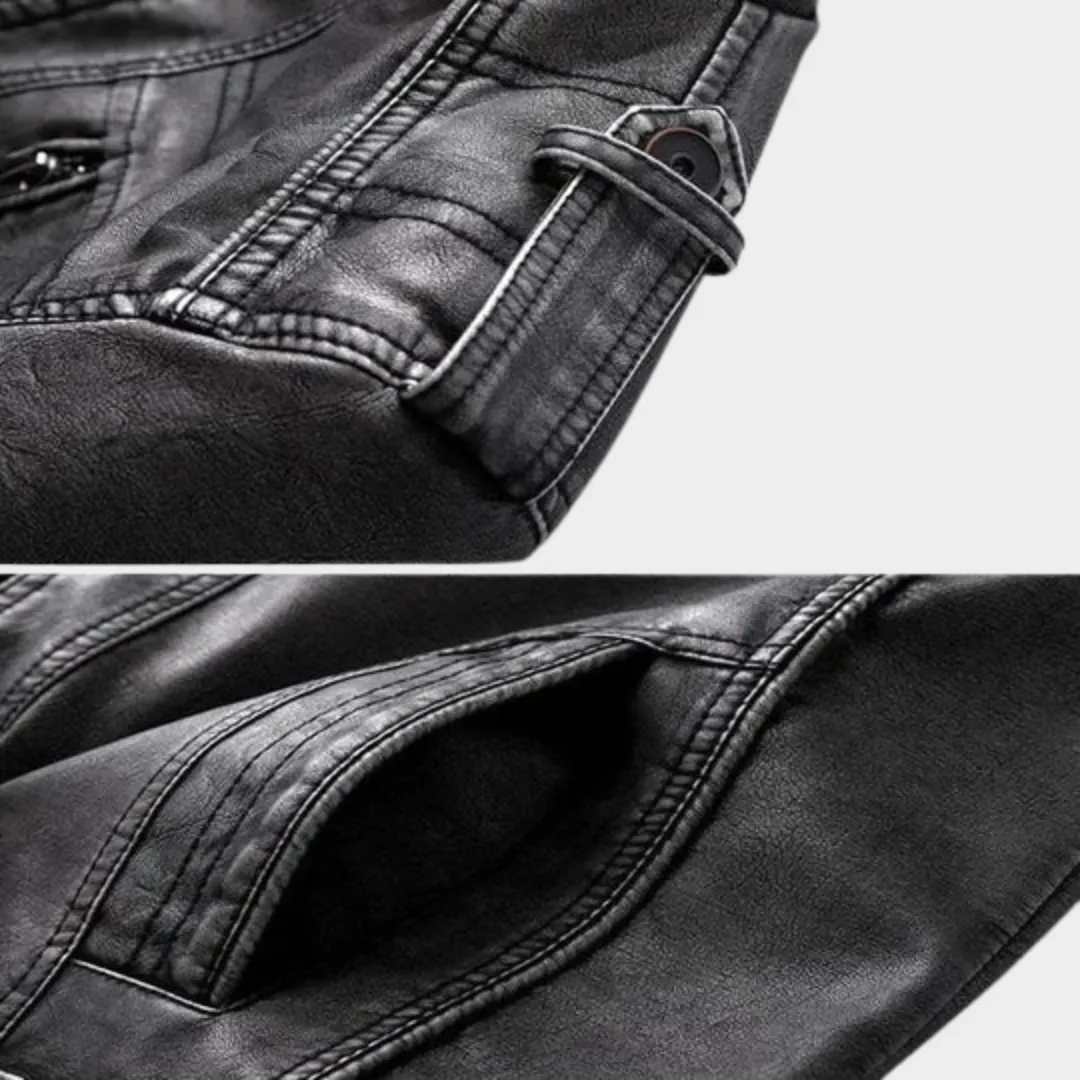 Men's Leather Biker Jacket  Vintage PU Motorcycle Coat  Stand Collar  Thick Durable Outerwear  Black
