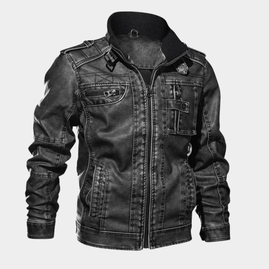 Men's Leather Biker Jacket  Vintage PU Motorcycle Coat  Stand Collar  Thick Durable Outerwear  Black