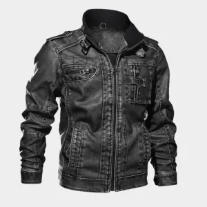 Men's Leather Biker Jacket  Vintage PU Motorcycle Coat  Stand Collar  Thick Durable Outerwear  Black