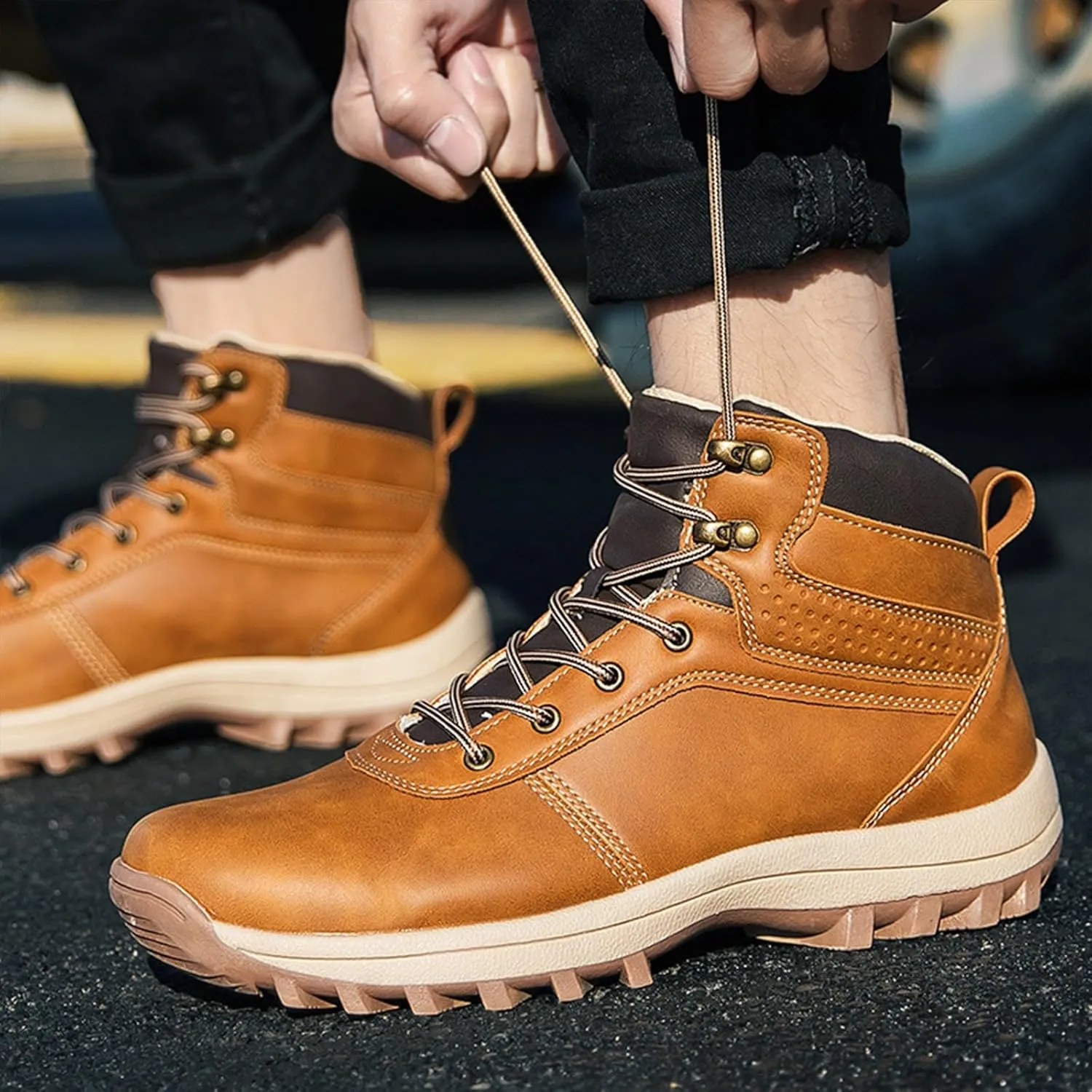 Men's Work Boots Steel Toe Hiking Sneakers Fur Lined Ankle Boot Women Workout Shoes Composite Toe Wide Outdoor Shoes Slip on Loafers Hike Grounded Footwear