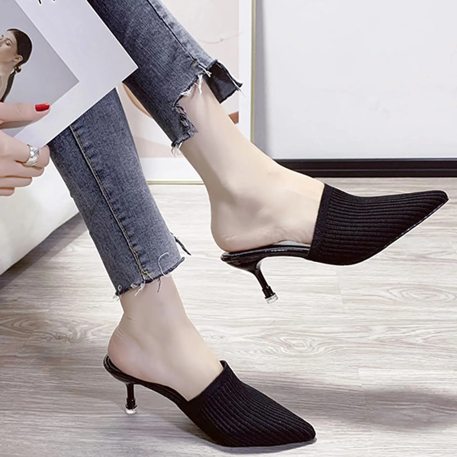 NELSBREXWomen'S Stretch Knit Pointed Toe Stiletto Clogs Mules Closed Pointed Back Breathable Non-Slip Slip-On Kitten Heel Slingback Dress Business Work Formal Slippers Sandals
