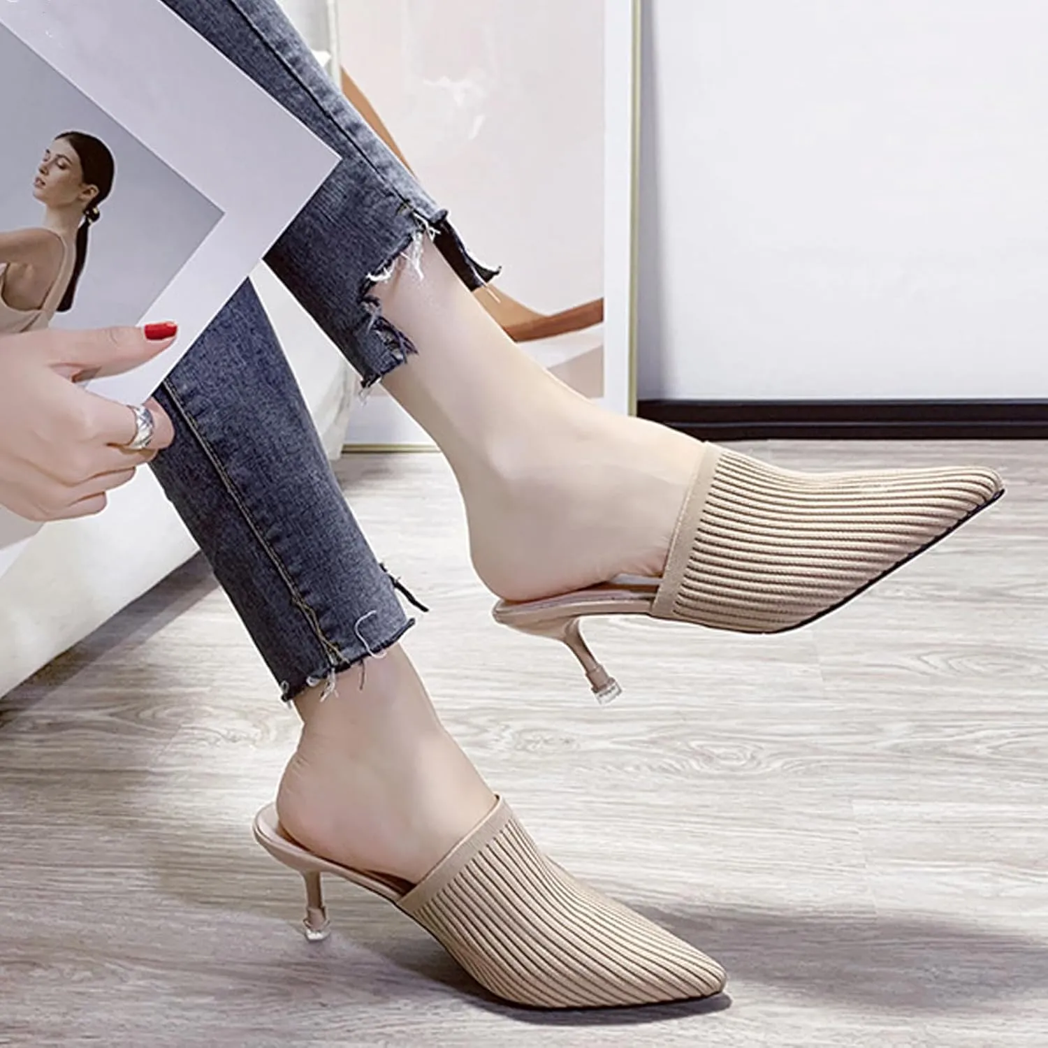 NELSBREXWomen'S Stretch Knit Pointed Toe Stiletto Clogs Mules Closed Pointed Back Breathable Non-Slip Slip-On Kitten Heel Slingback Dress Business Work Formal Slippers Sandals