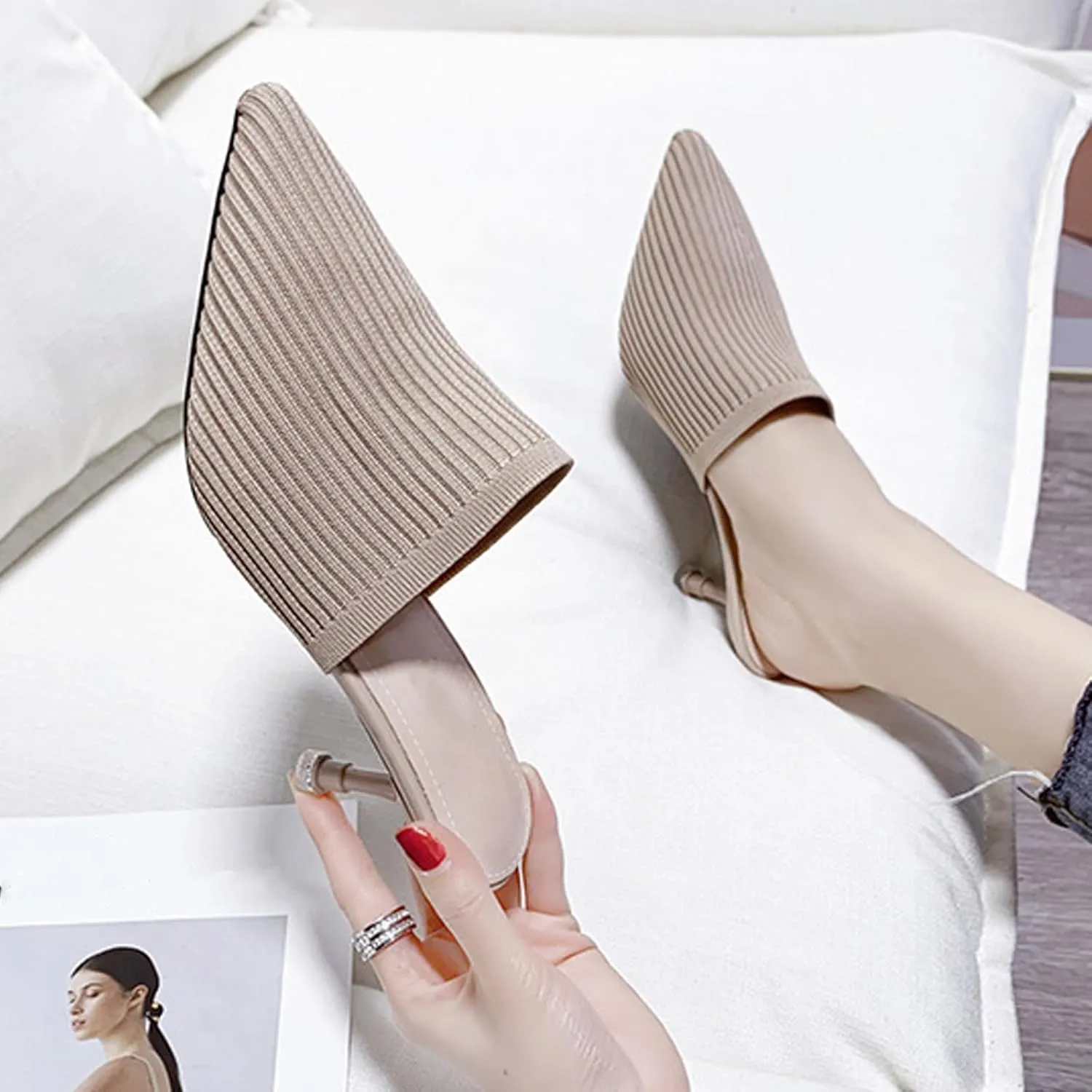 NELSBREXWomen'S Stretch Knit Pointed Toe Stiletto Clogs Mules Closed Pointed Back Breathable Non-Slip Slip-On Kitten Heel Slingback Dress Business Work Formal Slippers Sandals