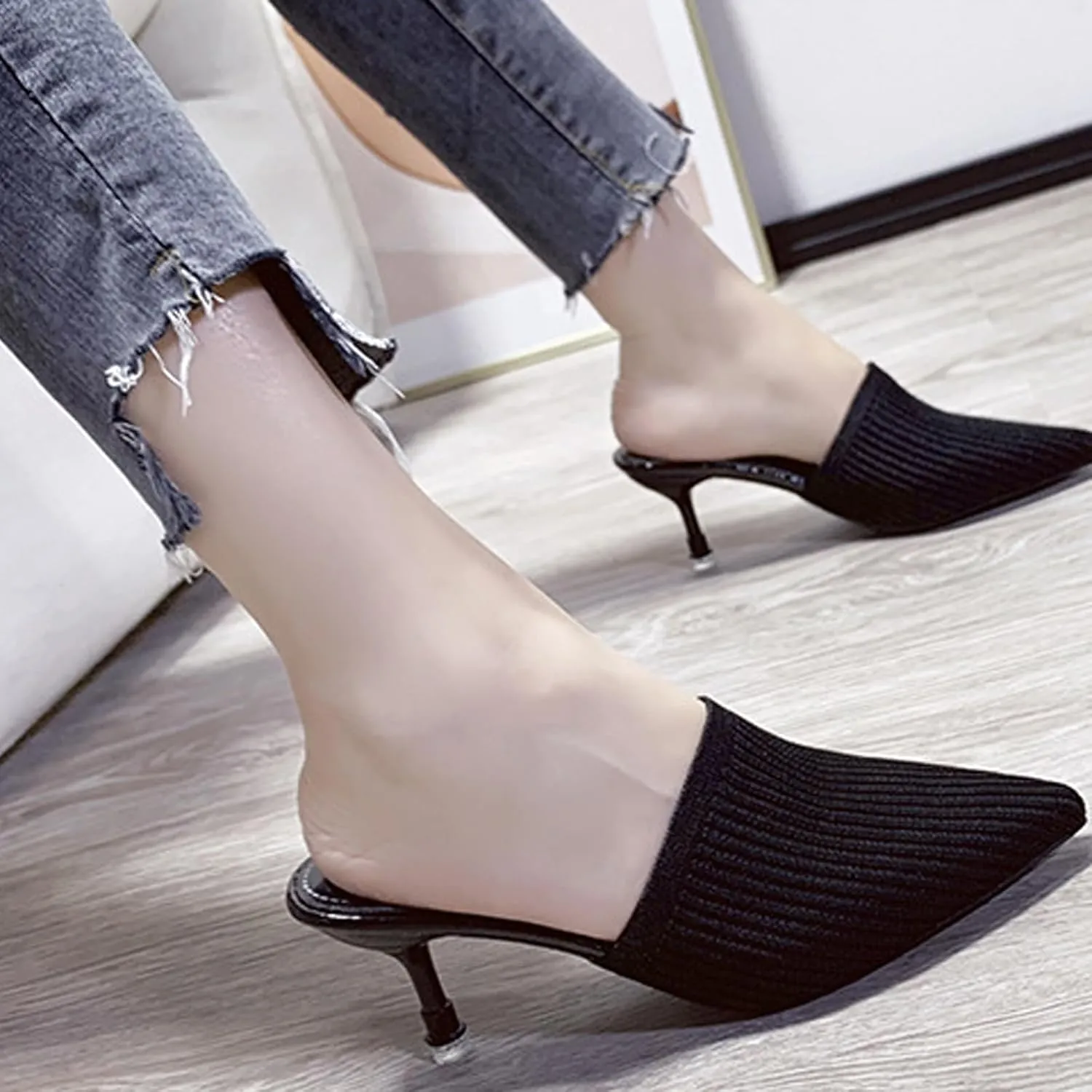 NELSBREXWomen'S Stretch Knit Pointed Toe Stiletto Clogs Mules Closed Pointed Back Breathable Non-Slip Slip-On Kitten Heel Slingback Dress Business Work Formal Slippers Sandals