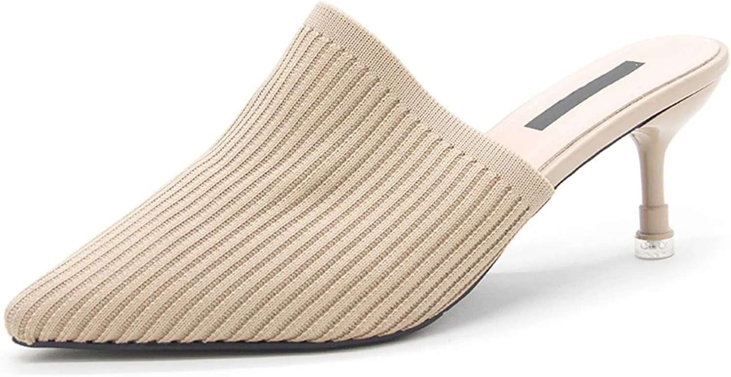 NELSBREXWomen'S Stretch Knit Pointed Toe Stiletto Clogs Mules Closed Pointed Back Breathable Non-Slip Slip-On Kitten Heel Slingback Dress Business Work Formal Slippers Sandals