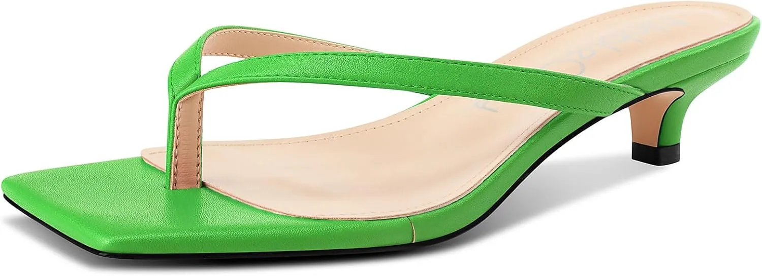 NobleOnly Women's Flip Flop Heels Thong Sandals Heeled Mules for Women Square Open Toe Low Kitten Heels Dress Casual 1.4 Inches Sandals