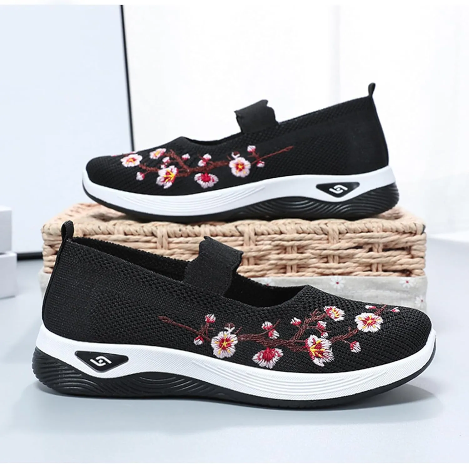 Orthowalk Shoes for Women Wide Width Breathable Walking Shoes Comfortable Slip on Sneakers Arch Support Woven Mesh Breathable Soft Shoe Wide Footwear Comfort Non Slip Work Sneaker