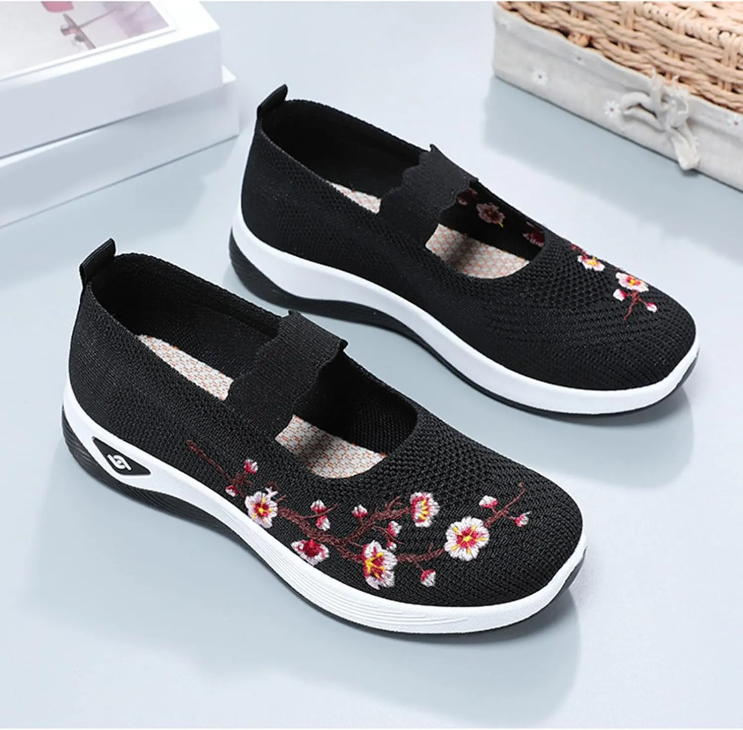 Orthowalk Shoes for Women Wide Width Breathable Walking Shoes Comfortable Slip on Sneakers Arch Support Woven Mesh Breathable Soft Shoe Wide Footwear Comfort Non Slip Work Sneaker