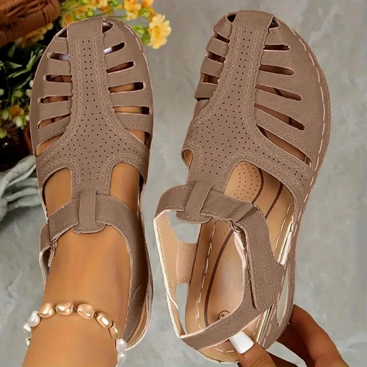 Platform Sandals for Women Wide Width Womens Sandals Comfortable Summer Dressy Hook and Loop Ankle Strap Hollow Shoes