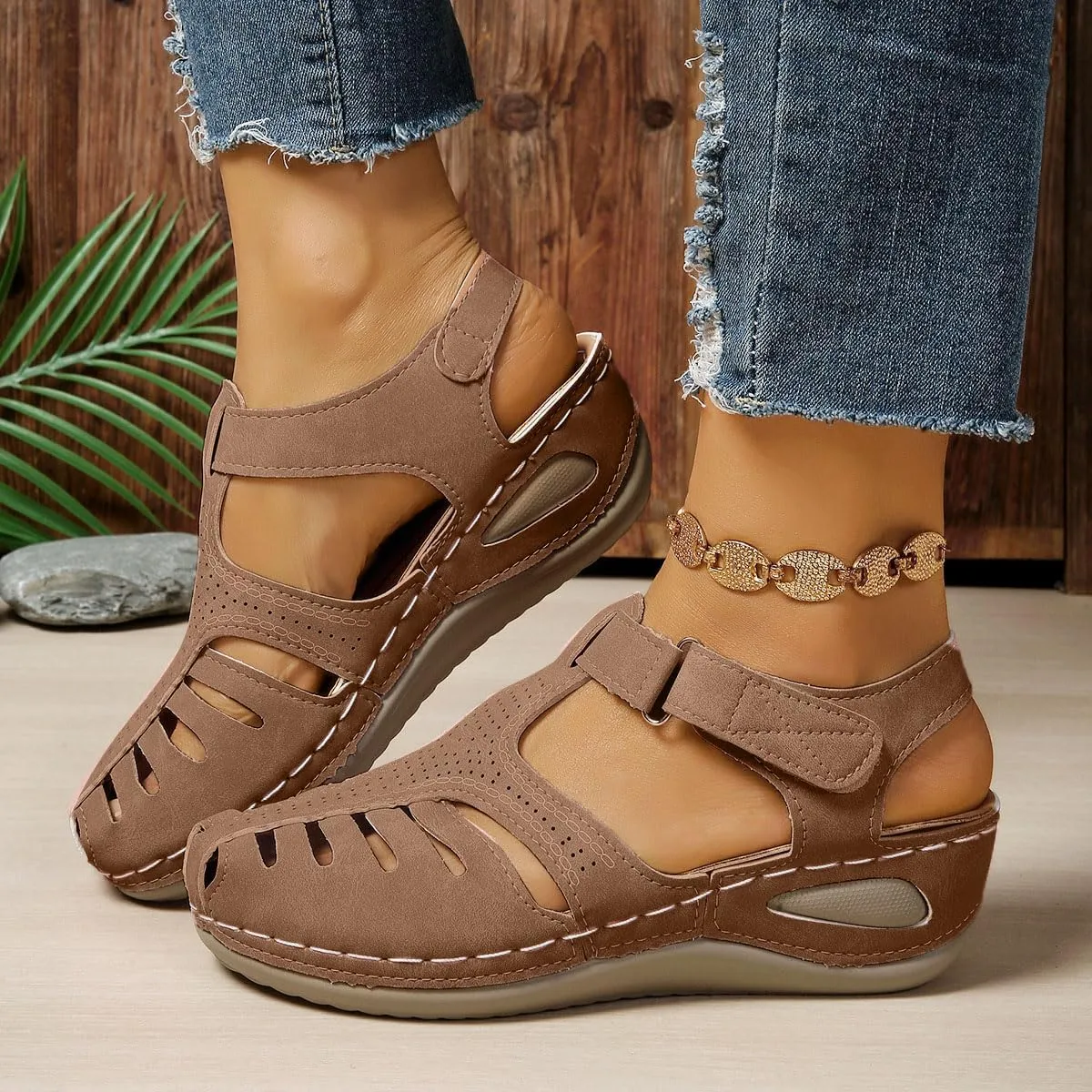 Platform Sandals for Women Wide Width Womens Sandals Comfortable Summer Dressy Hook and Loop Ankle Strap Hollow Shoes
