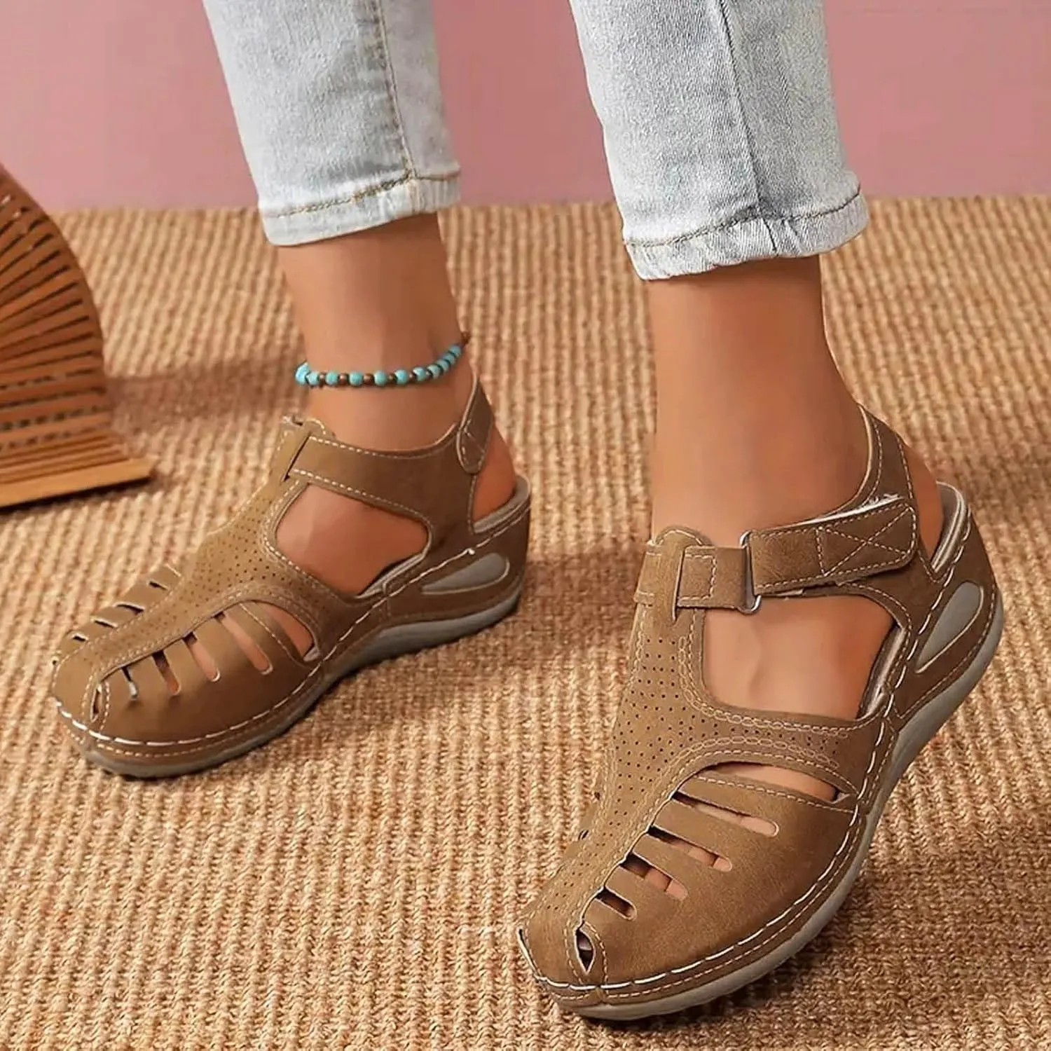 Platform Sandals for Women Wide Width Womens Sandals Comfortable Summer Dressy Hook and Loop Ankle Strap Hollow Shoes