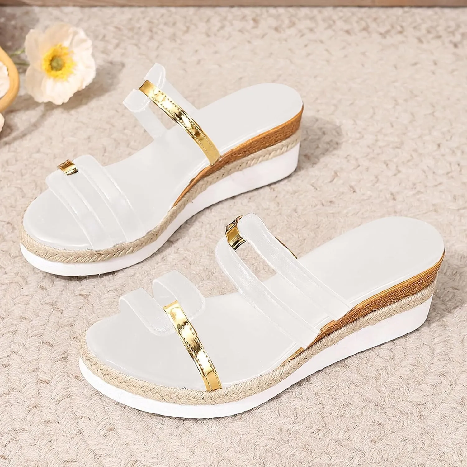 Platform Sandals Women Comfortable Strappy Wedge Sandals Woven Straw Leather Slippers Beach Vacation Walking Shoes