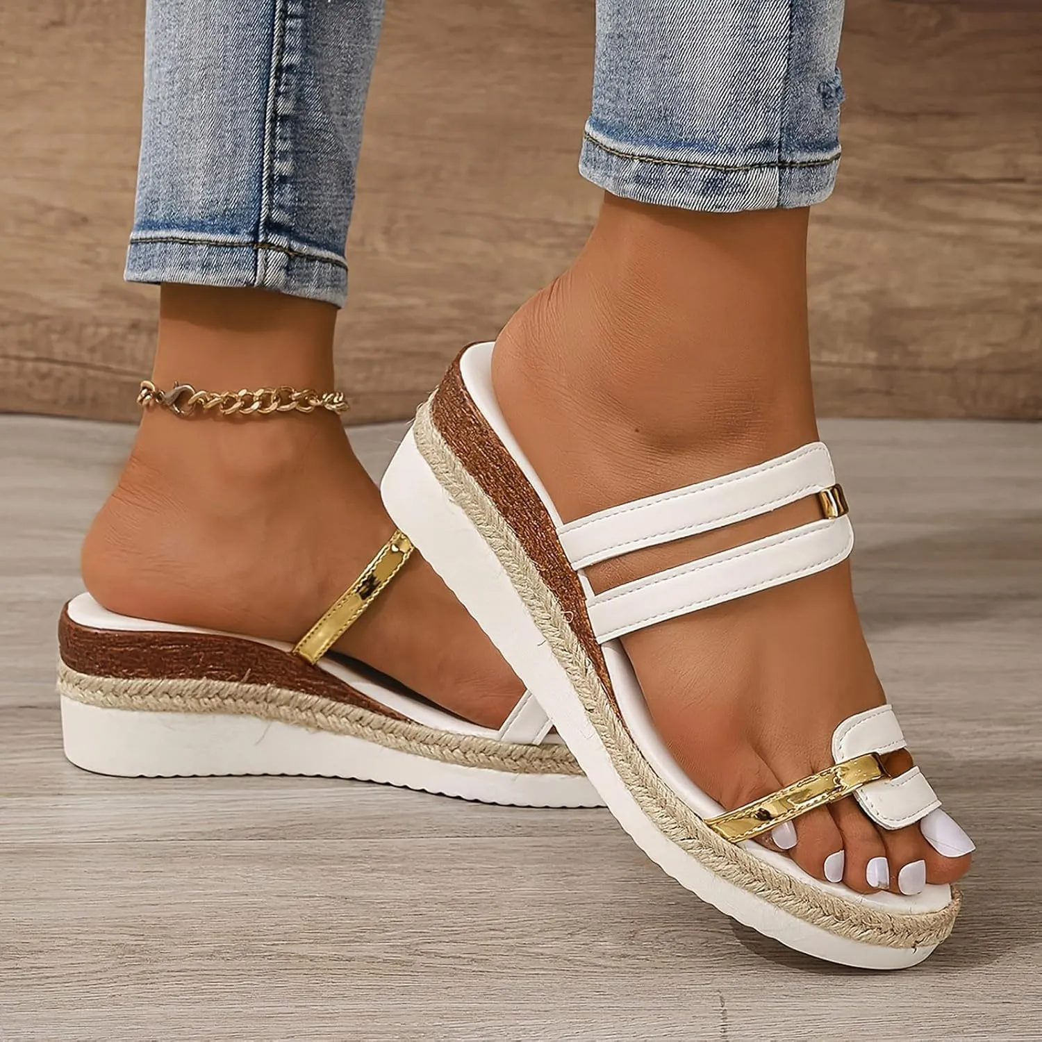 Platform Sandals Women Comfortable Strappy Wedge Sandals Woven Straw Leather Slippers Beach Vacation Walking Shoes