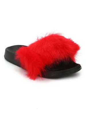 Red Black Fur Slip-on Flats