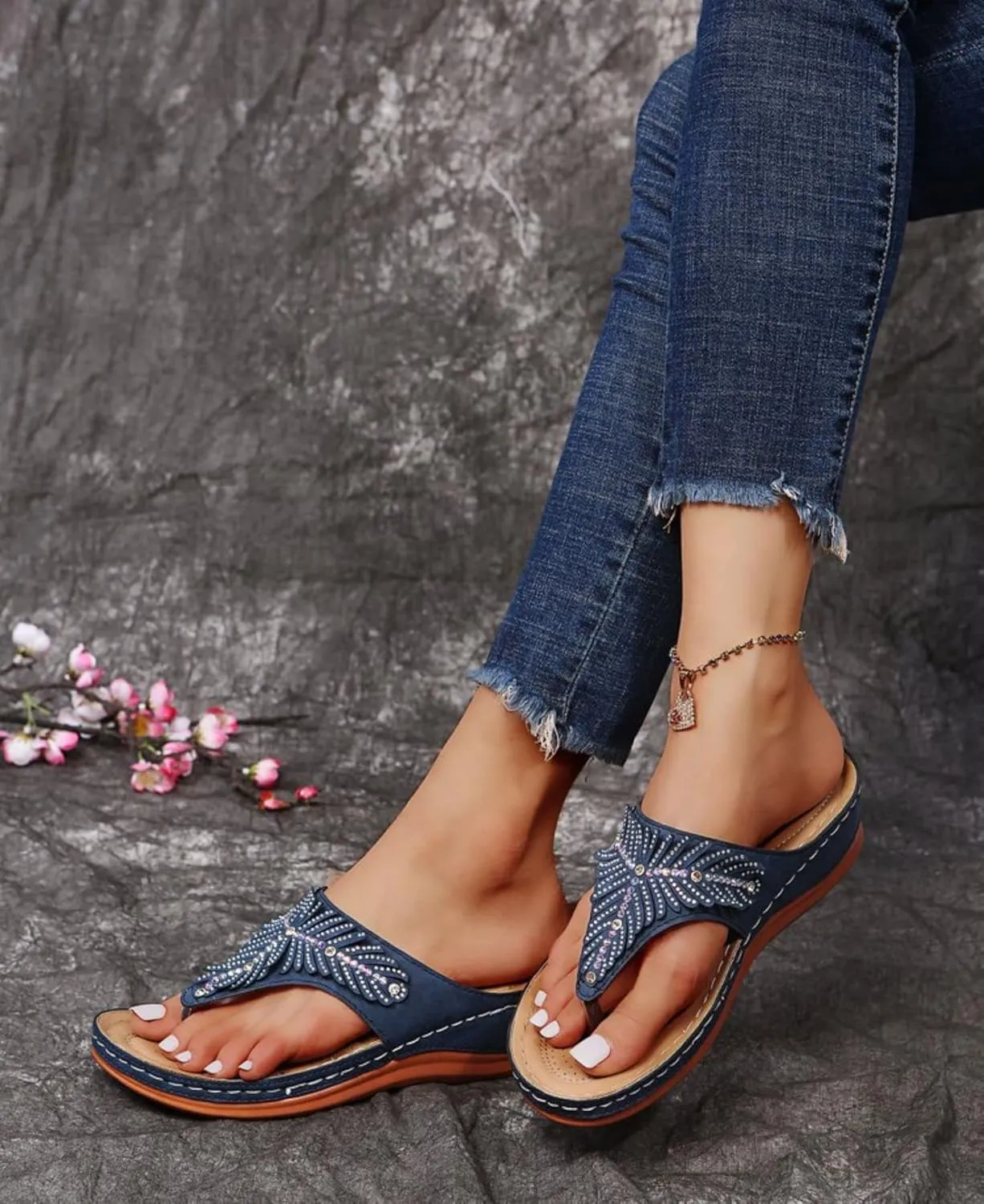 Rhinestone Wedge Sandals for Women,Summer Fashion Open Toe T Strap Thong Flip Flops Comfortable Casual Beach Shoes Slippers Orthopedic Summer Arch Support 2025 with Walking Wedges Platform