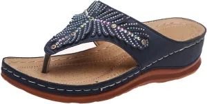 Rhinestone Wedge Sandals for Women,Summer Fashion Open Toe T Strap Thong Flip Flops Comfortable Casual Beach Shoes Slippers Orthopedic Summer Arch Support 2025 with Walking Wedges Platform