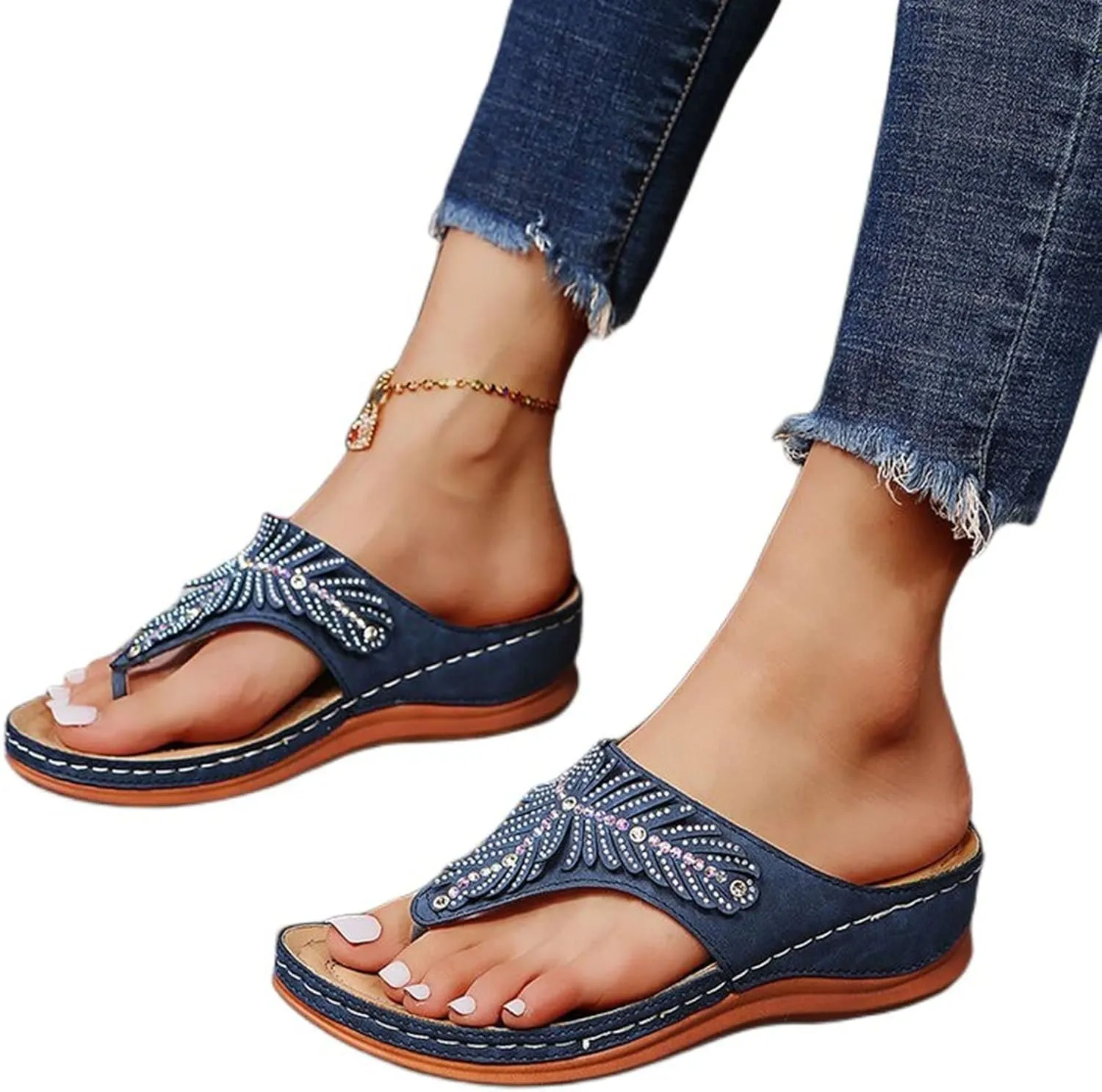 Rhinestone Wedge Sandals for Women,Summer Fashion Open Toe T Strap Thong Flip Flops Comfortable Casual Beach Shoes Slippers Orthopedic Summer Arch Support 2025 with Walking Wedges Platform