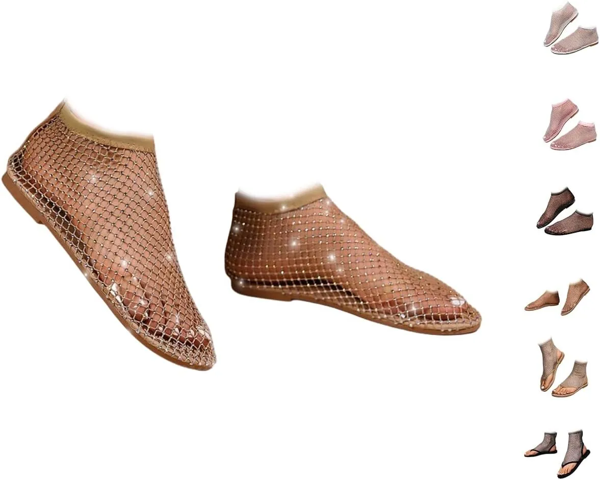 Shiny Gem Mesh Flats Women,Glittery Stretchy Net Shoes Women Ultra Comfortable Shiny Gem Mesh Flats Sparkle Shoe,Sexy Flat Cutout Sparkly Casual Wedding Dress Flats Slip On Sandals