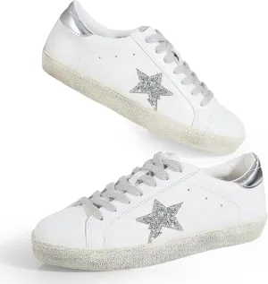 Sneakers for Women - Fashion Bling Star Sequins Sneaker - Cushioned Low Top Platform, Rubber Sole Leather Upper Lace Up Walking Shoes - Casual Comfortable Running Sports Shoes