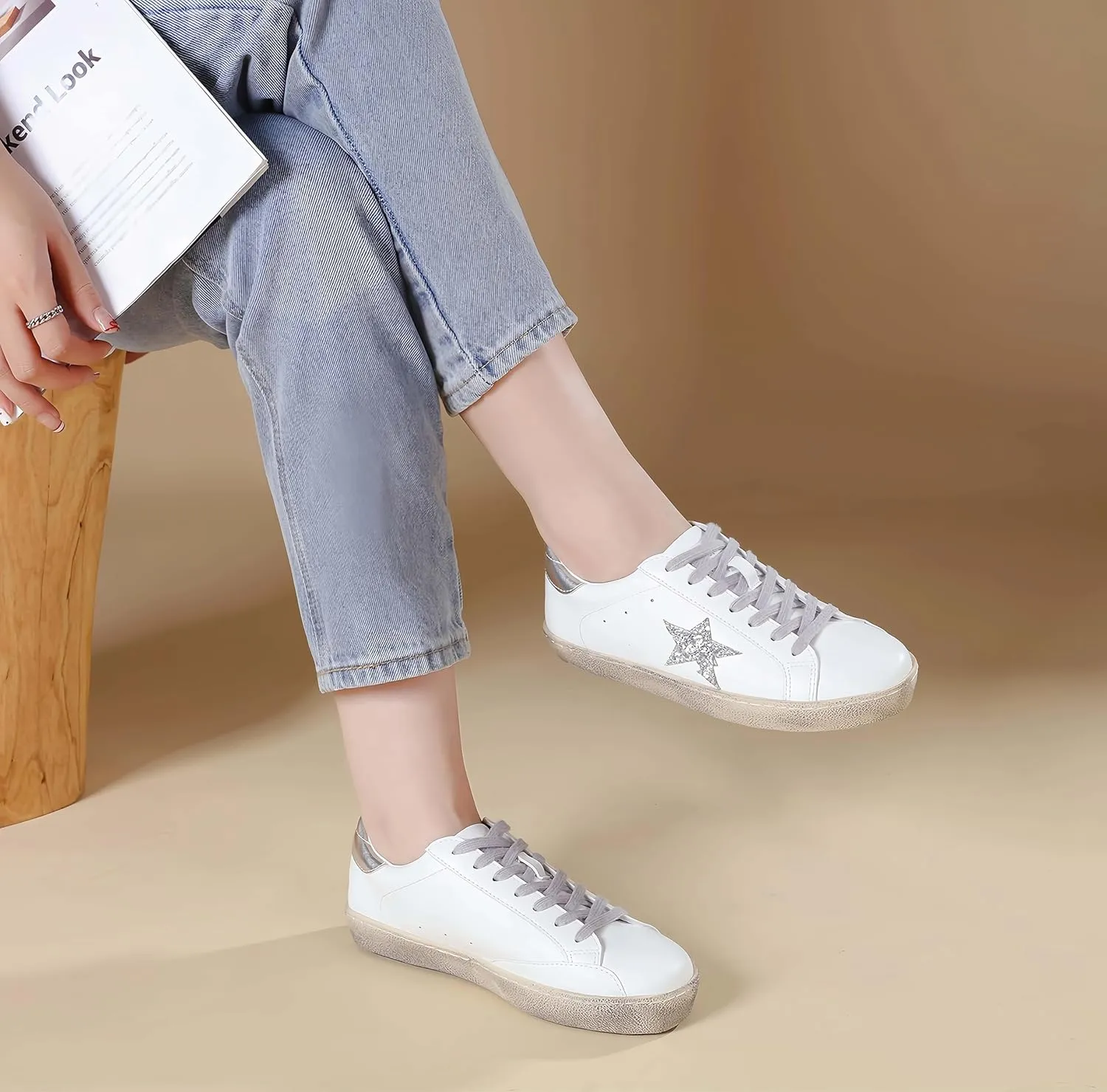 Sneakers for Women - Fashion Bling Star Sequins Sneaker - Cushioned Low Top Platform, Rubber Sole Leather Upper Lace Up Walking Shoes - Casual Comfortable Running Sports Shoes
