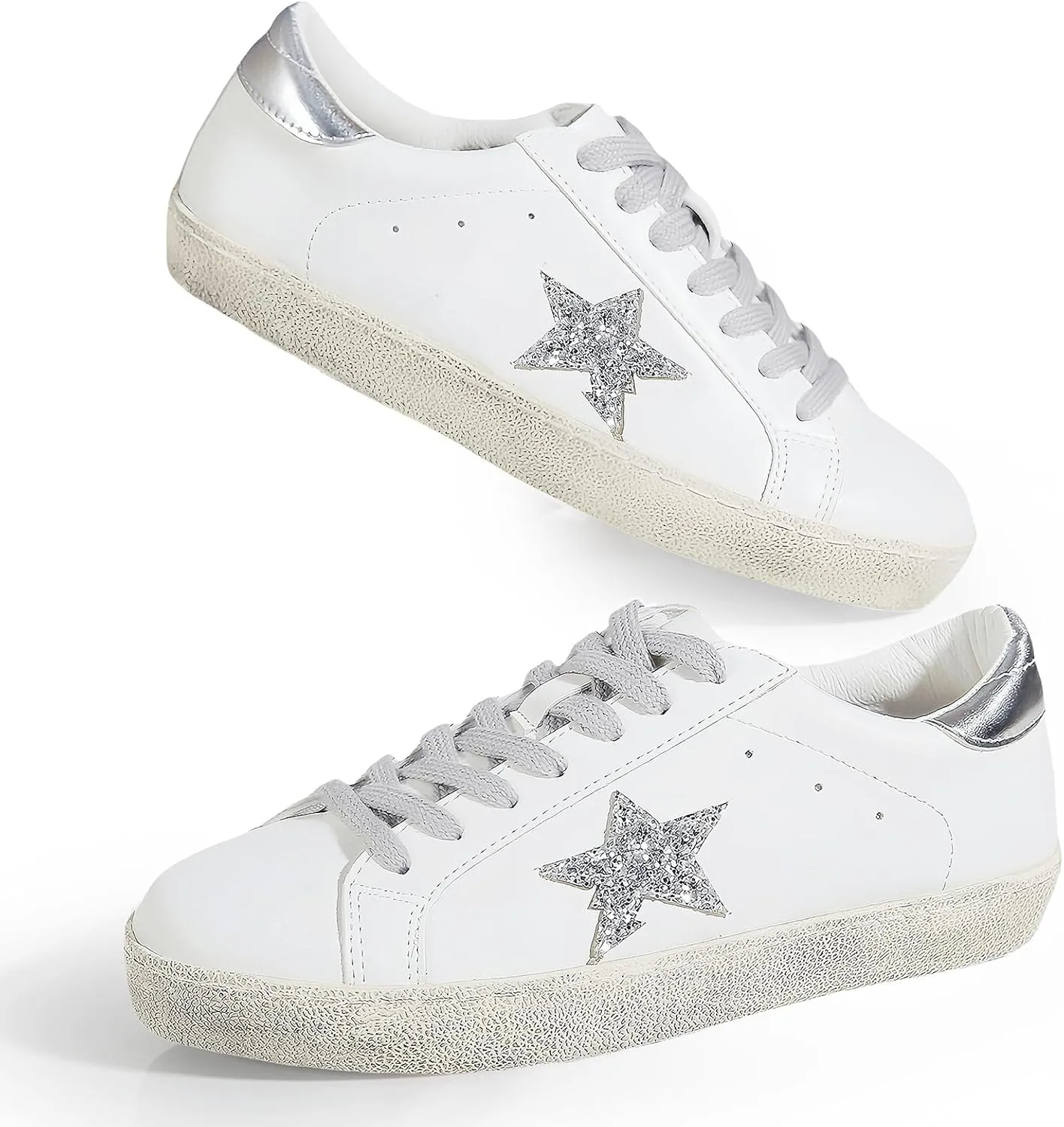 Sneakers for Women - Fashion Bling Star Sequins Sneaker - Cushioned Low Top Platform, Rubber Sole Leather Upper Lace Up Walking Shoes - Casual Comfortable Running Sports Shoes