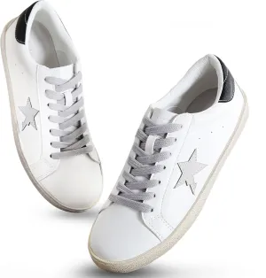 Sneakers for Women - Fashion Bling Star Sequins Sneaker - Cushioned Low Top Platform, Rubber Sole Leather Upper Lace Up Walking Shoes - Casual Comfortable Running Sports Shoes