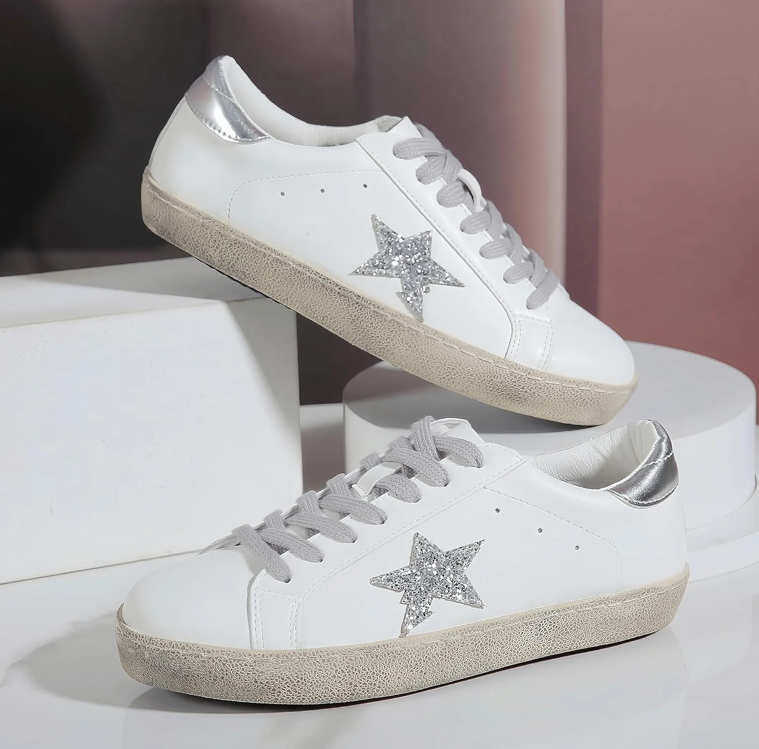 Sneakers for Women - Fashion Bling Star Sequins Sneaker - Cushioned Low Top Platform, Rubber Sole Leather Upper Lace Up Walking Shoes - Casual Comfortable Running Sports Shoes