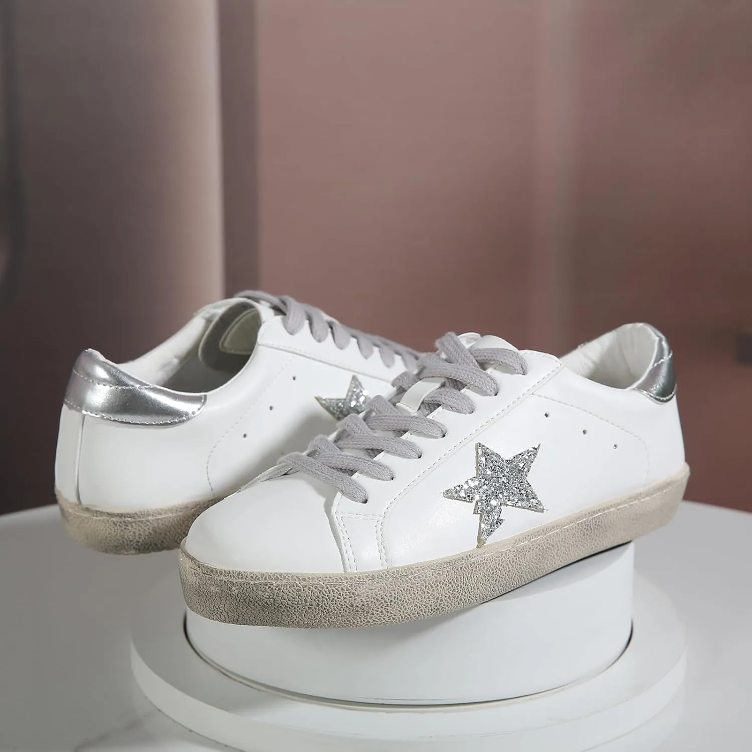 Sneakers for Women - Fashion Bling Star Sequins Sneaker - Cushioned Low Top Platform, Rubber Sole Leather Upper Lace Up Walking Shoes - Casual Comfortable Running Sports Shoes