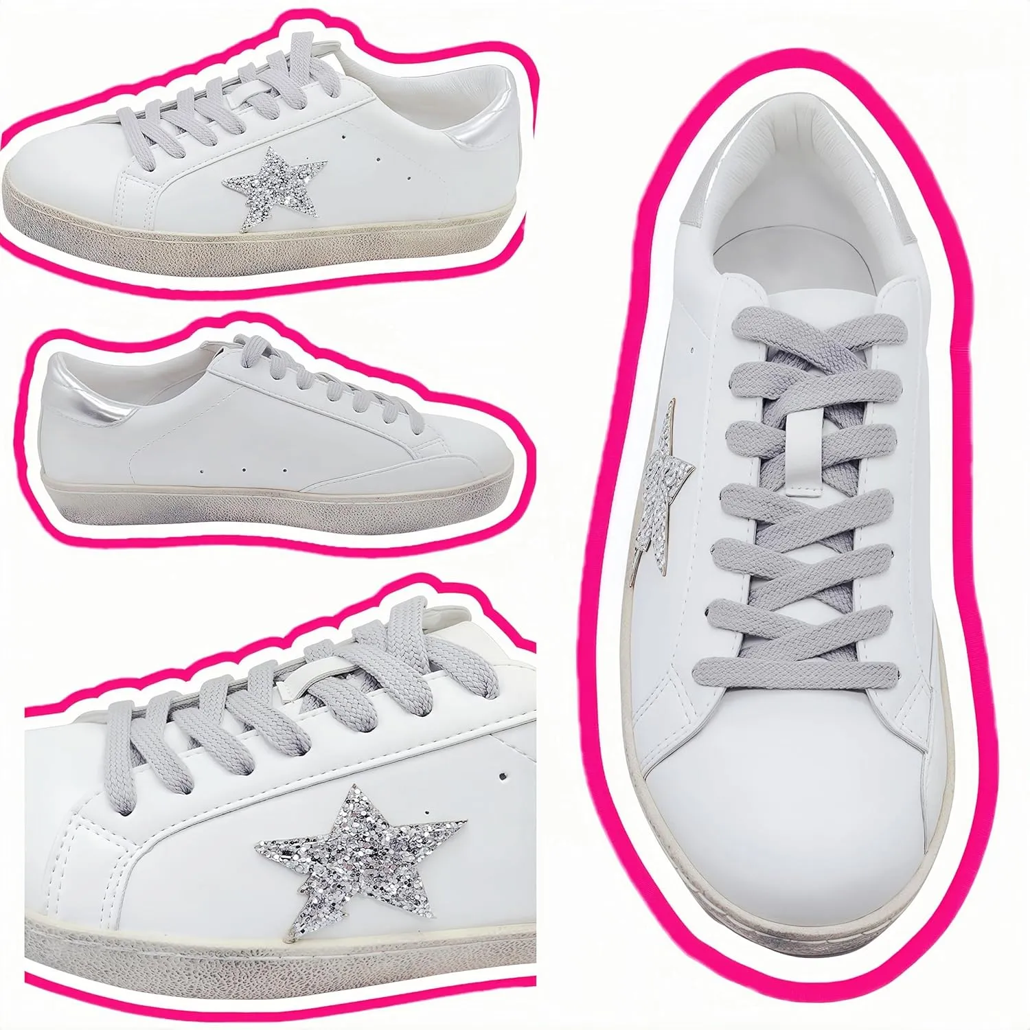 Sneakers for Women - Fashion Bling Star Sequins Sneaker - Cushioned Low Top Platform, Rubber Sole Leather Upper Lace Up Walking Shoes - Casual Comfortable Running Sports Shoes