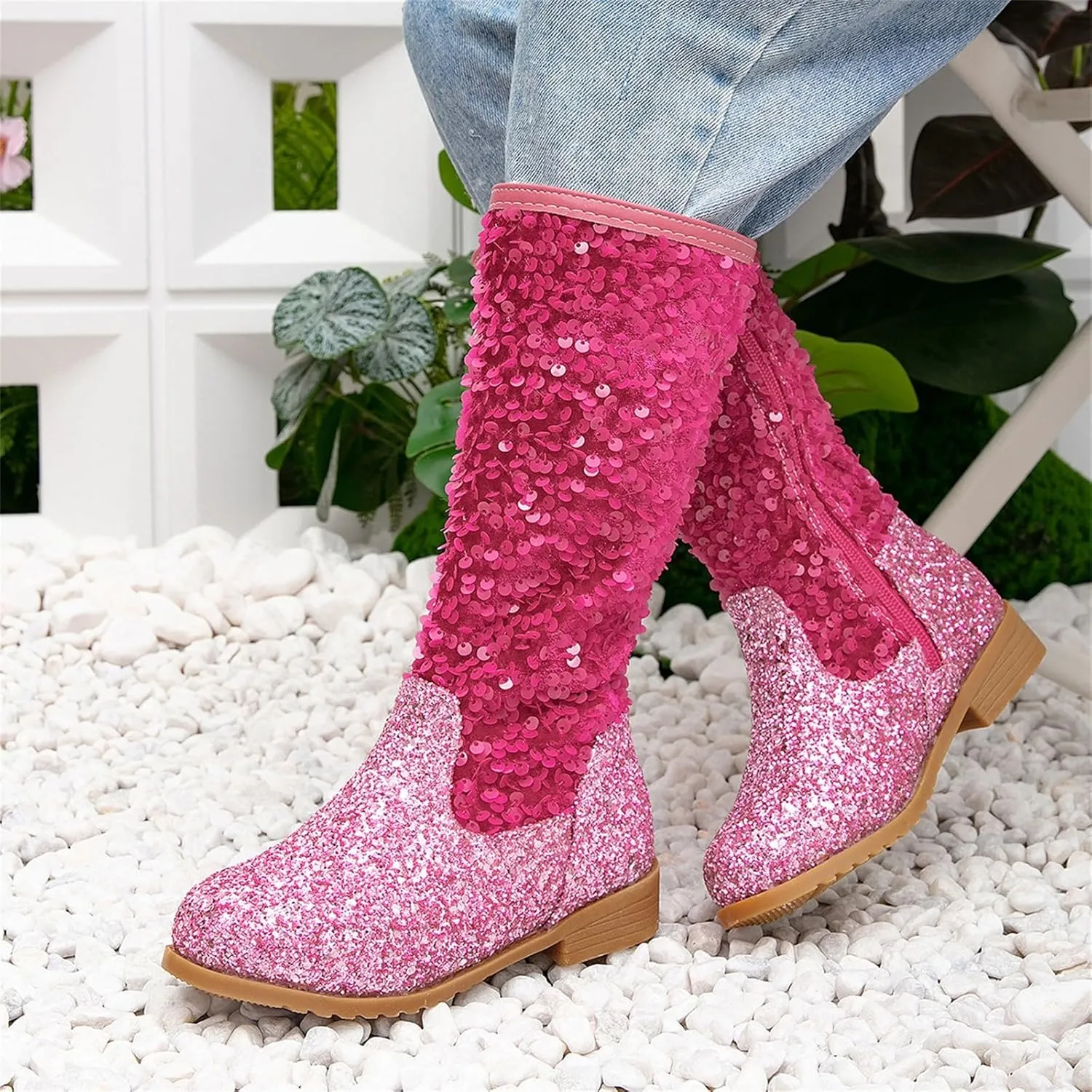 Sparkly Girls Cowboy Western Boots Comfortable Casual Walking Boots Mid Calf Square Toe Ankle Boots for Toddler