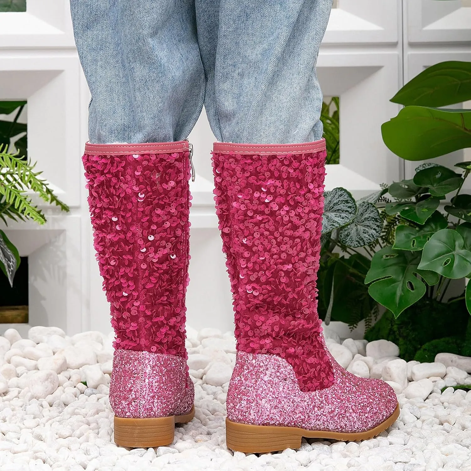 Sparkly Girls Cowboy Western Boots Comfortable Casual Walking Boots Mid Calf Square Toe Ankle Boots for Toddler