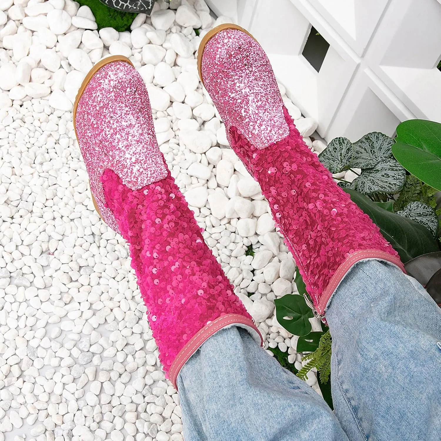Sparkly Girls Cowboy Western Boots Comfortable Casual Walking Boots Mid Calf Square Toe Ankle Boots for Toddler