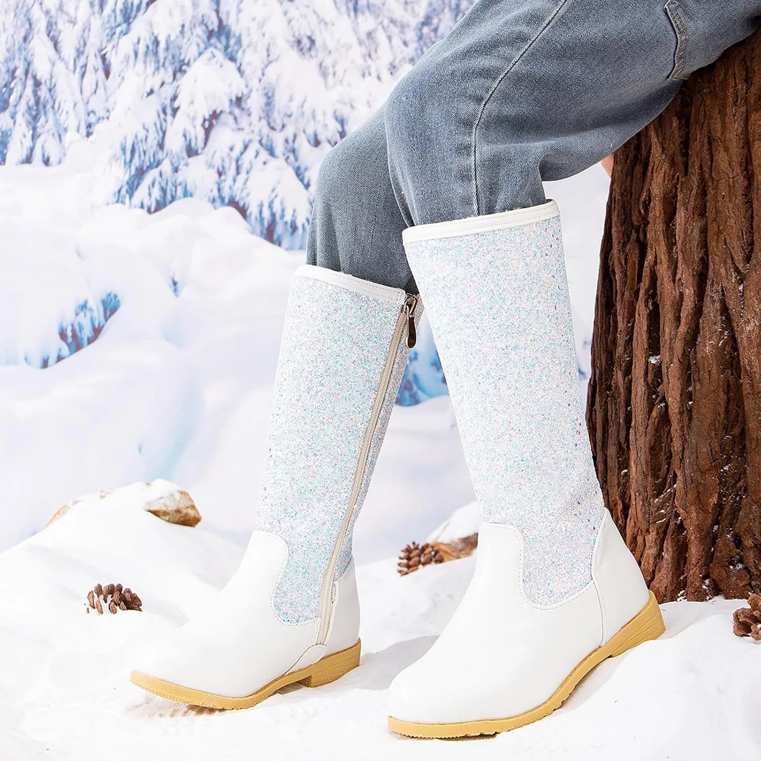 Sparkly Girls Cowboy Western Boots Mid Calf Square Toe Western Boot for Kids Glitter Cowboy Boots Snow Ankle Boots