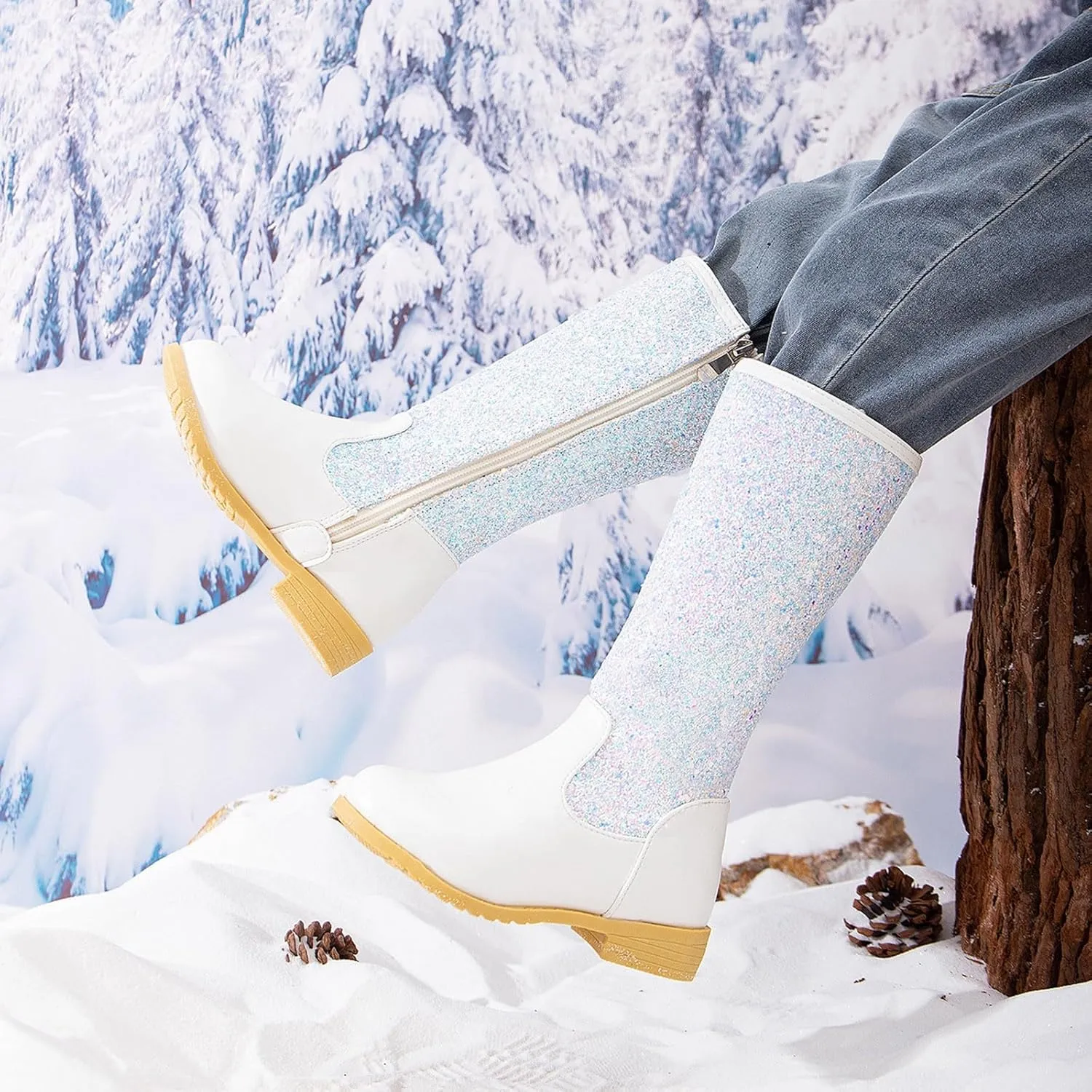 Sparkly Girls Cowboy Western Boots Mid Calf Square Toe Western Boot for Kids Glitter Cowboy Boots Snow Ankle Boots
